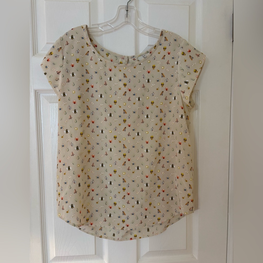 Joie Cream Blouse with Multicolor Bee Print 100% Silk M